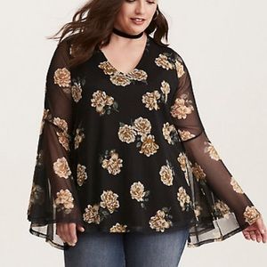 Floral print mesh bell sleeve top